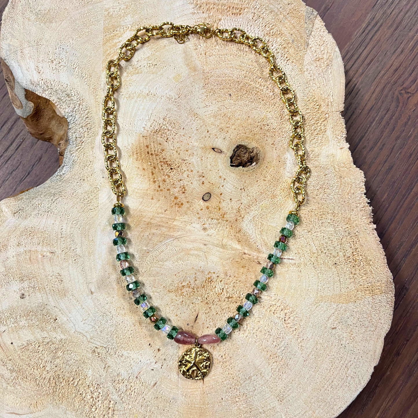 Collier Océana ♢ pierres quartz fraise et charm Sand Dollar