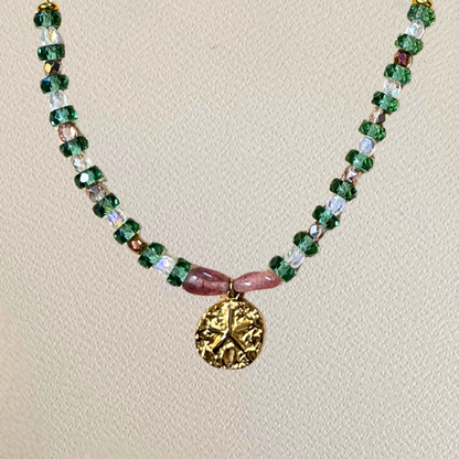 Collier Océana ♢ pierres quartz fraise et charm Sand Dollar